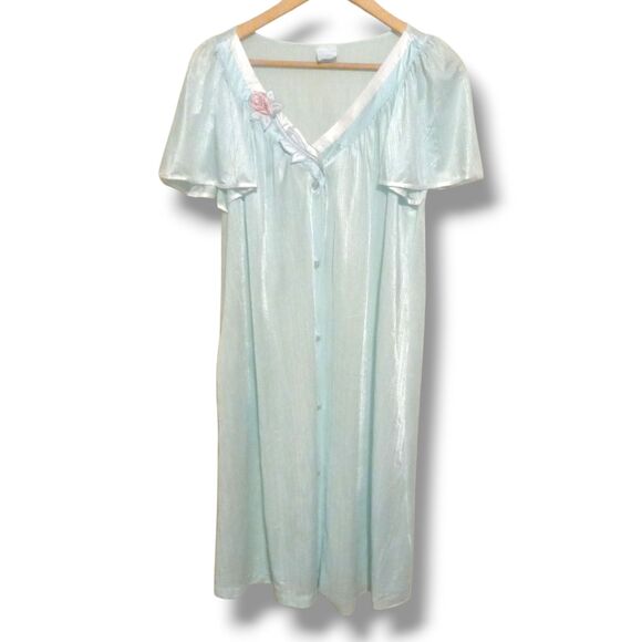 Vtg Val Mode Button Front Robe-Medium-Flowers-Pockets-Flutter Sleeve-Knee Length - Picture 1 of 10